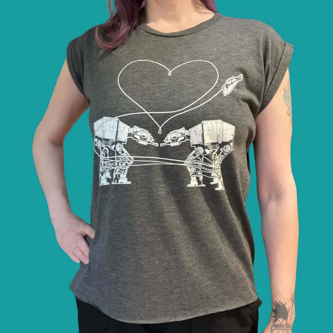 Two All Terrain Armored Transport Vehicles Falling in Love on a gray feminine muscle tshirt. 