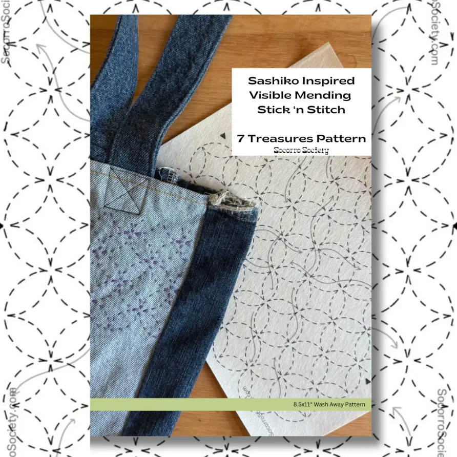 Stick and Stitch titled '7 Treasures Pattern' with denim fabric images on a white background.