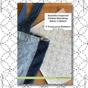 Stick and Stitch titled '7 Treasures Pattern' with denim fabric images on a white background.