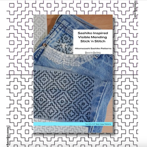 Pattern titled 'Sashiko Inspired Visible Mending Stick 'n' Stitch' on a patterned background. 