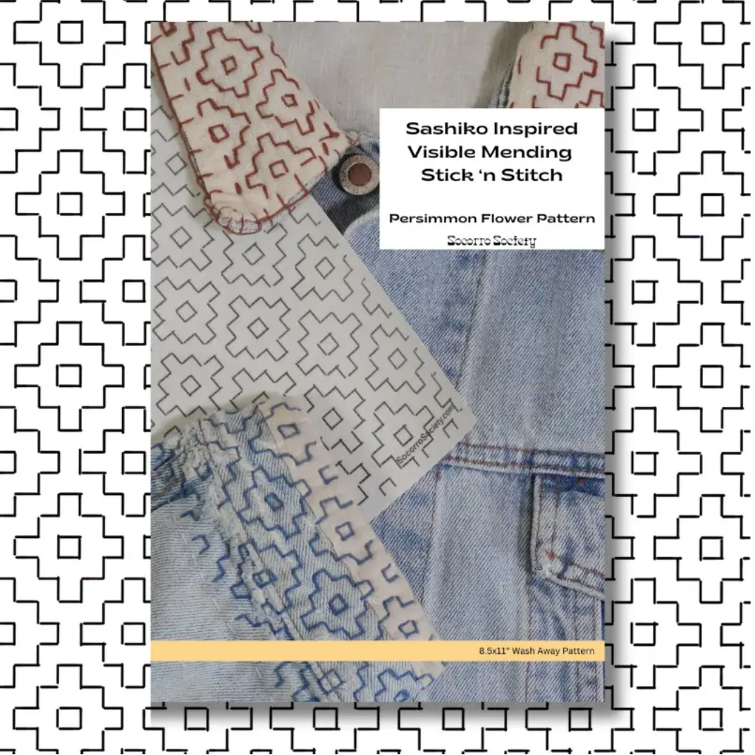Pattern titled 'Sashiko Inspired Visible Mending Stick 'n Stitch' with fabric swatches on a white background.