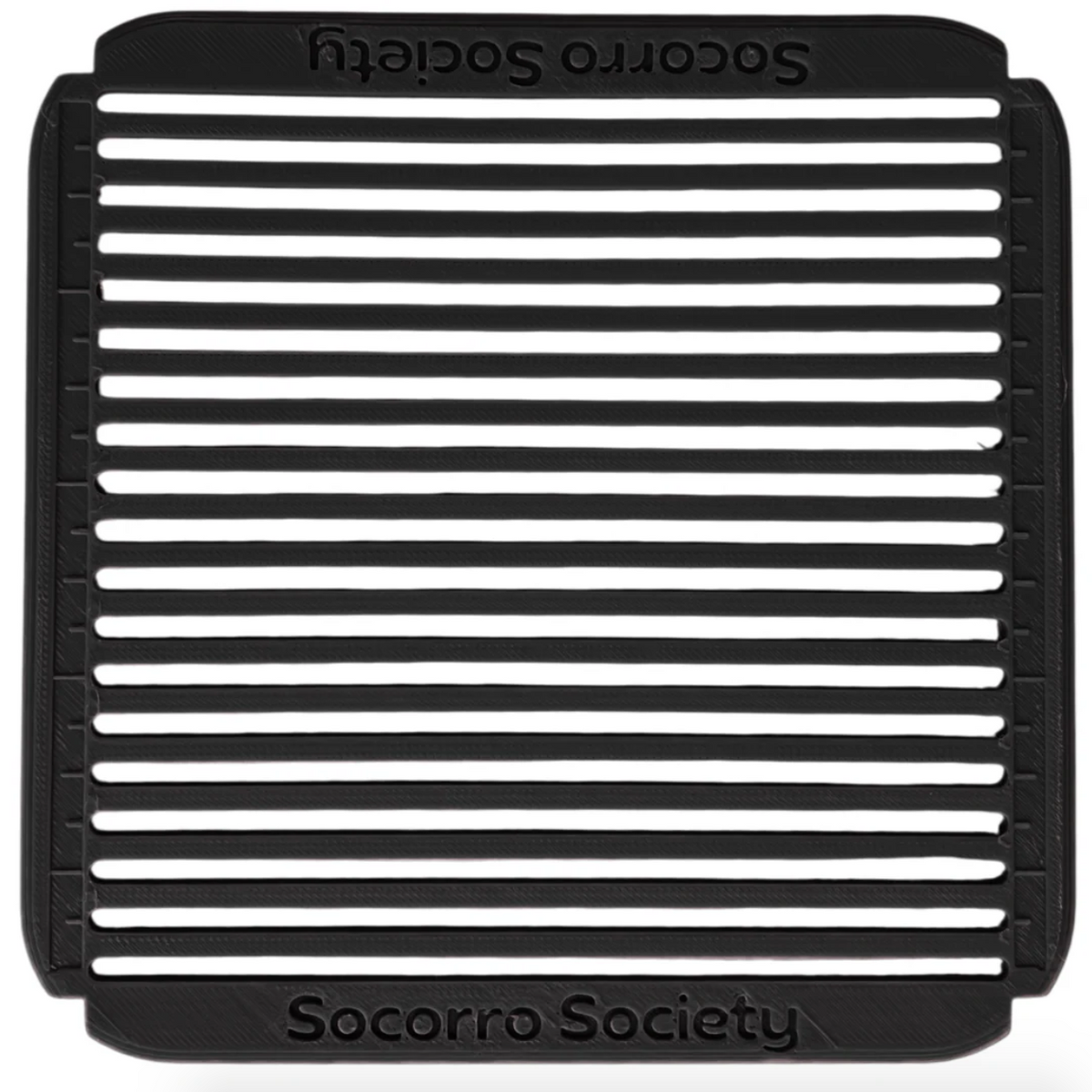 Black stencil with 'Socorro Society' branding on a white background. 