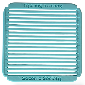 Teal grid stencil with 'Socorro Society' branding on a white background