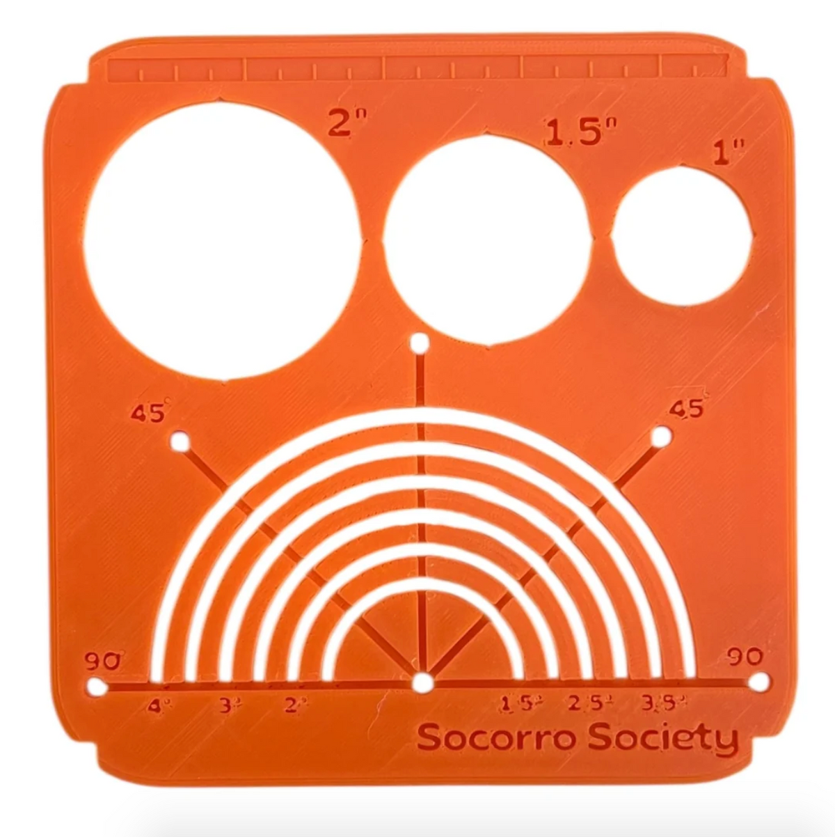 Orange template with circular measurements and 'Socorro Society' branding on a white background. 