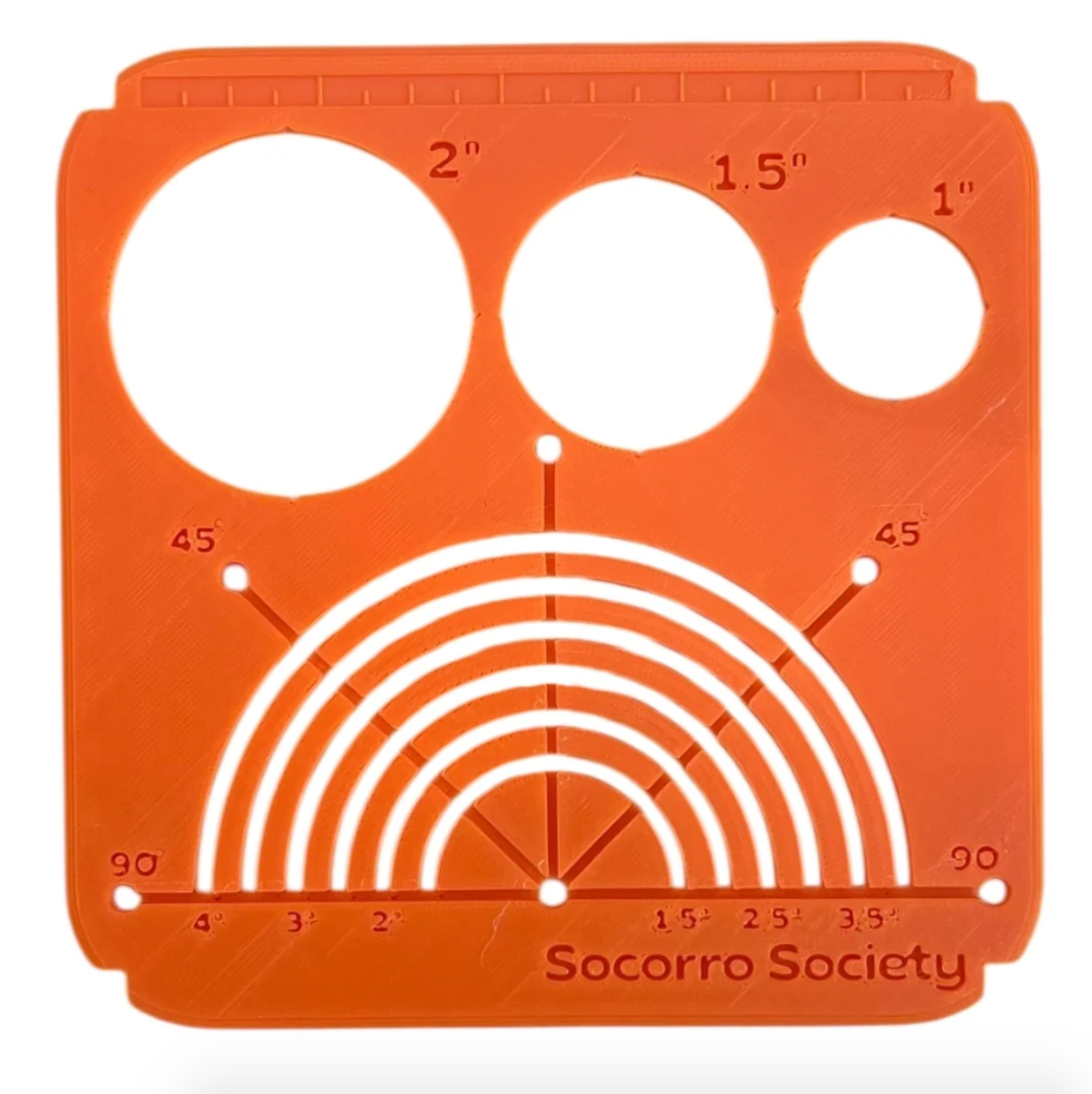 Orange template with circular measurements and 'Socorro Society' branding on a white background. 
