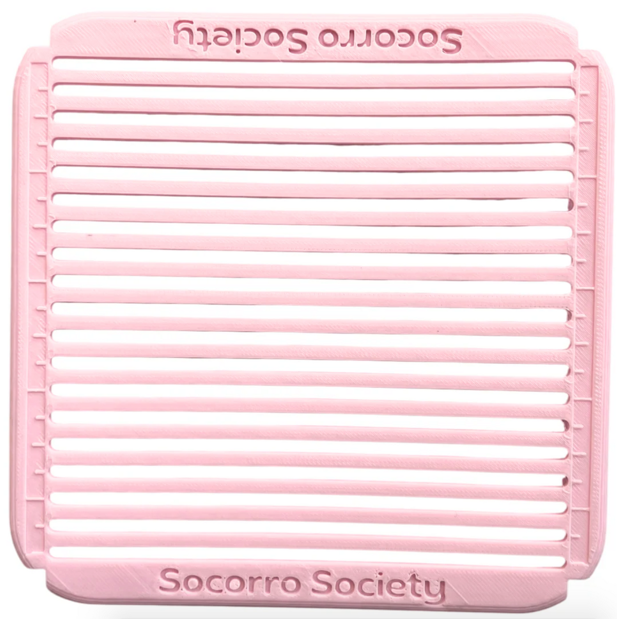 Pink Sashiko grid stencil with 'Socorro Society' branding on a white background. 