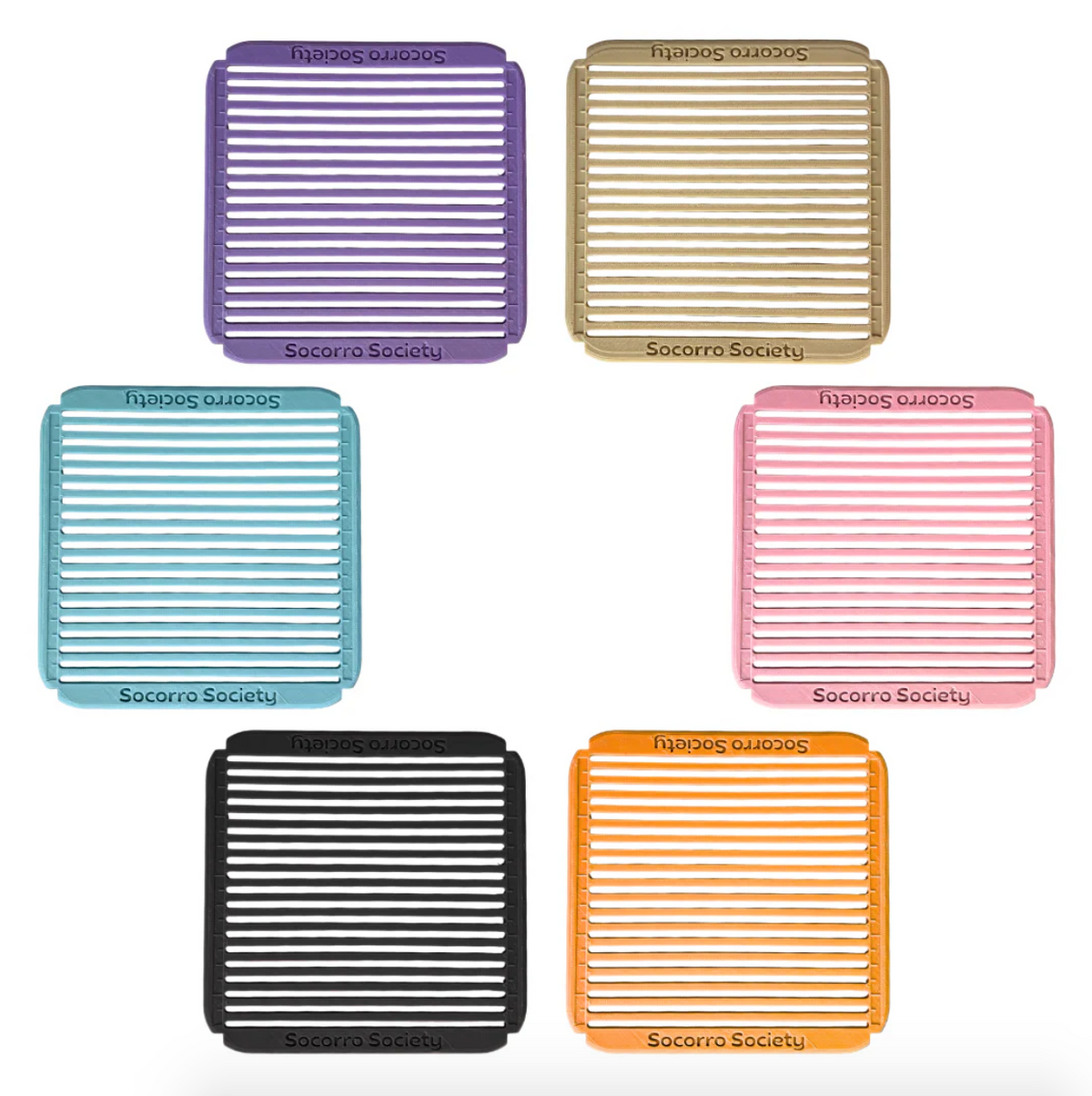 Set of six colorful square filters with 'Socorro Society' branding on a white background.