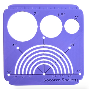 Purple stencil with circular designs and 'Socorro Society' branding.