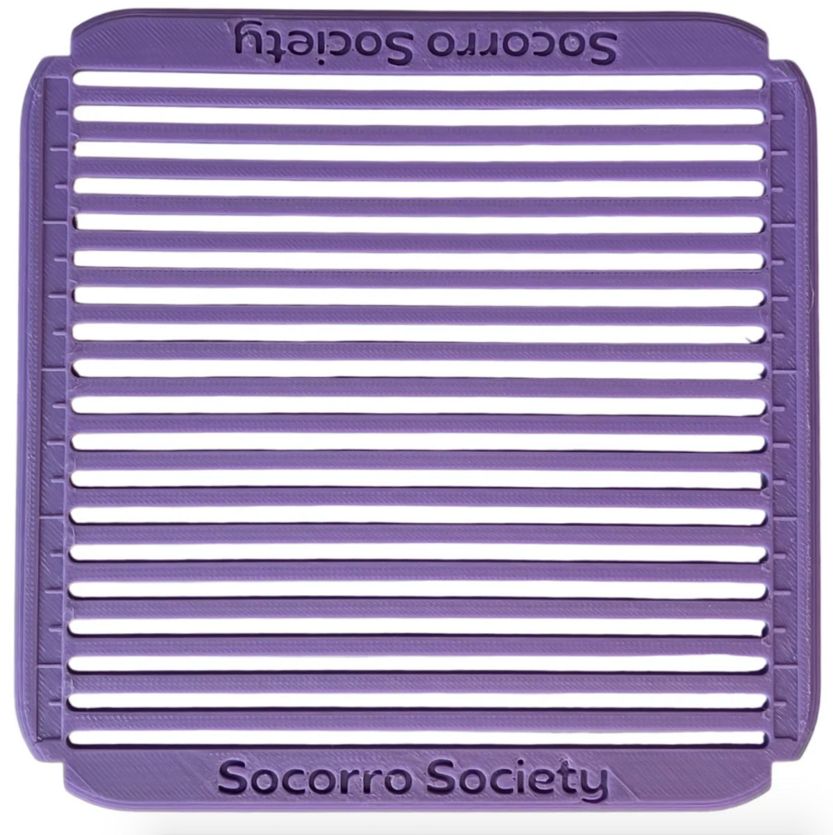 Purple grid stencil and 'Socorro Society' branding. 