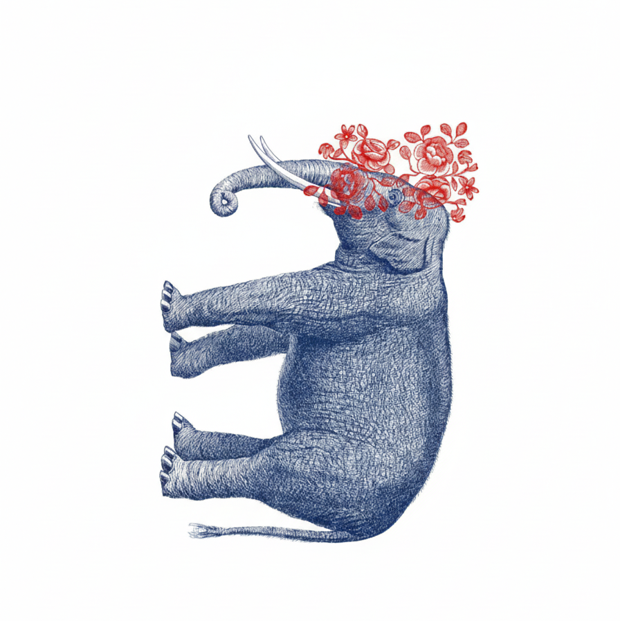 Illustration of an elephant with red floral headband on a white background