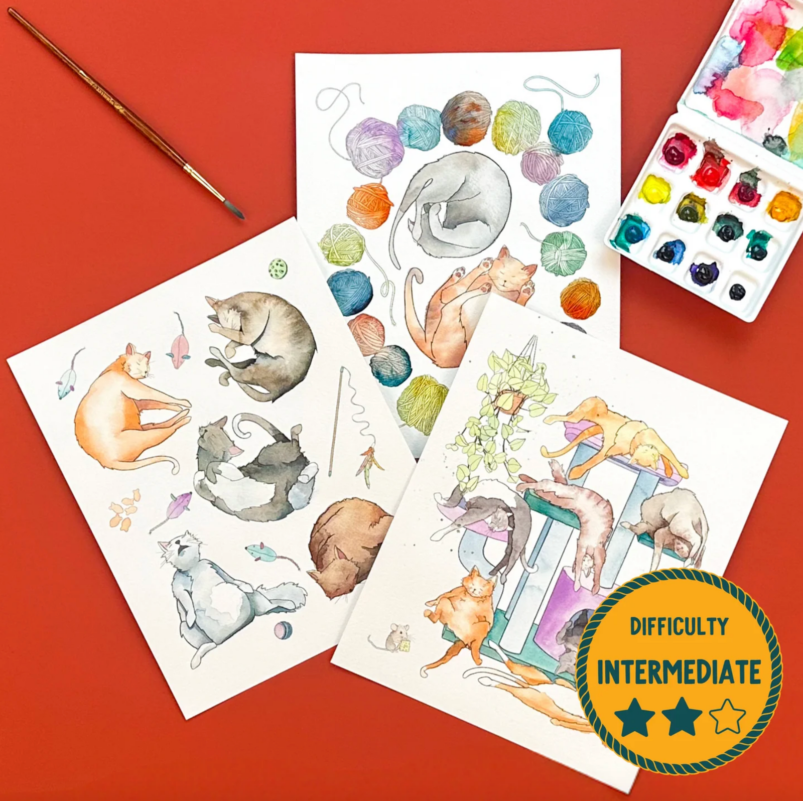 DIY Paint Kit - Large - Cozy Cats (Splatter & Bloom) Watercolor Intermediate