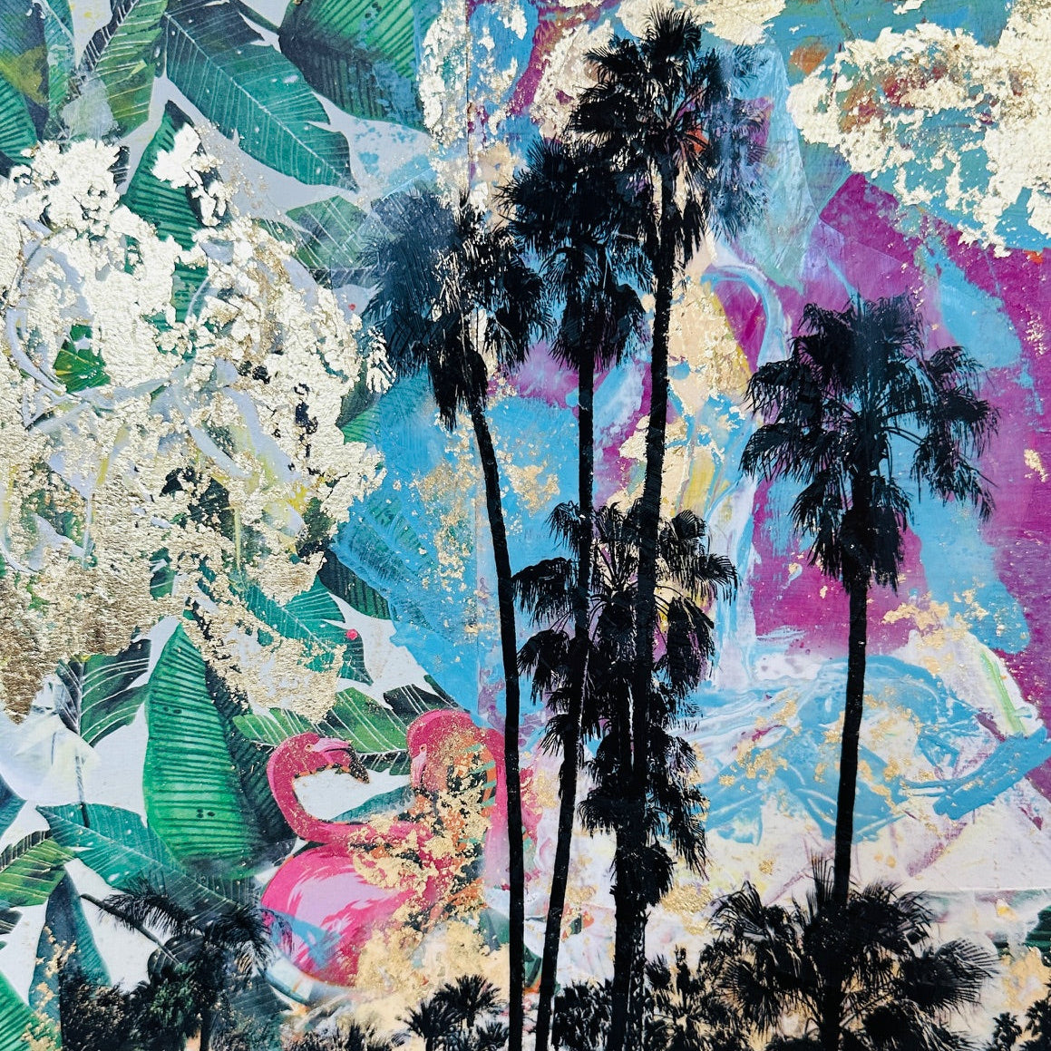 Example of a mixed media painting with black palm trees overlaid on top.