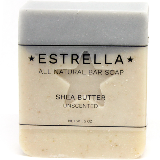 A bar of Estrella all natural bar soap, unscented with shea butter, displaying the brand and product name on the label.