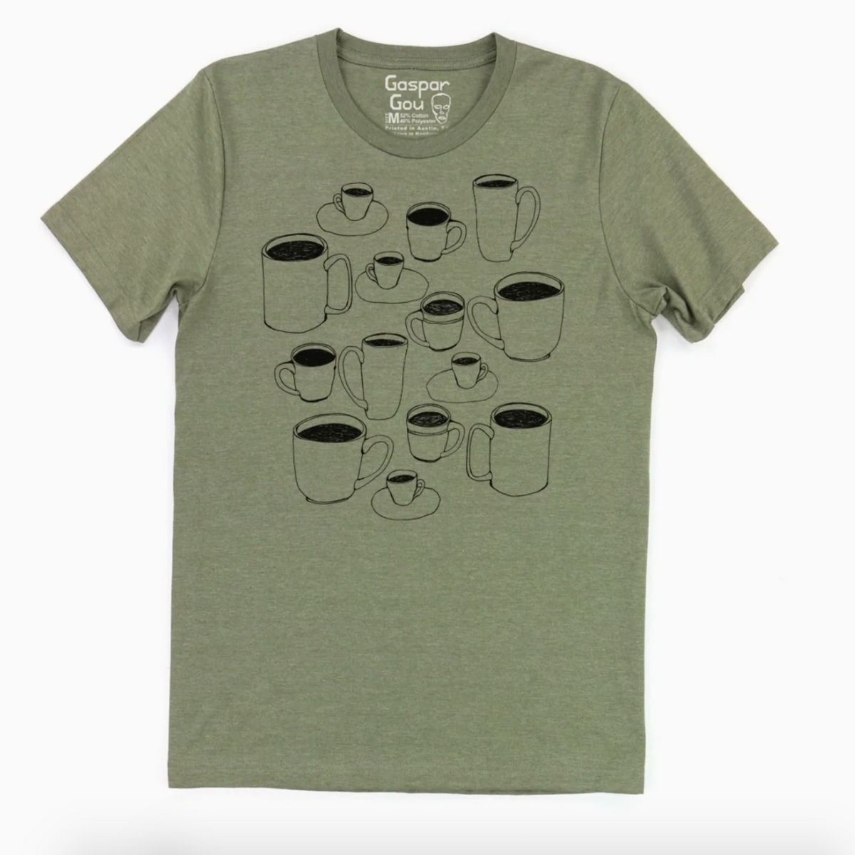 Green t-shirt with black coffee cup graphic design on a white background. 