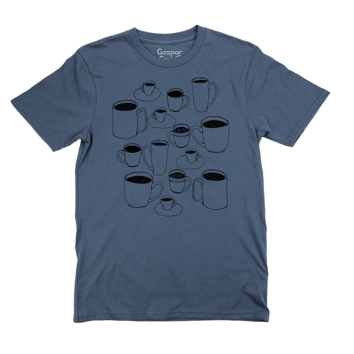 An coean blue crewneck t-shirt featuring a black line art graphic of various coffee mugs and cups, displayed flat against a solid white background.