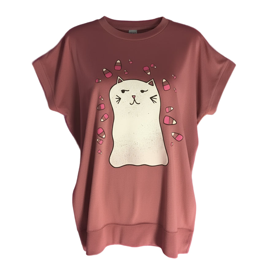 mauve t-shirt with a ghost cat design with candy corn in the background. 