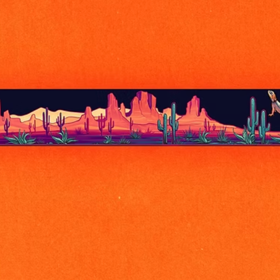 Desert landscape with cacti and mountains on a rectangular card with a visible brand logo.