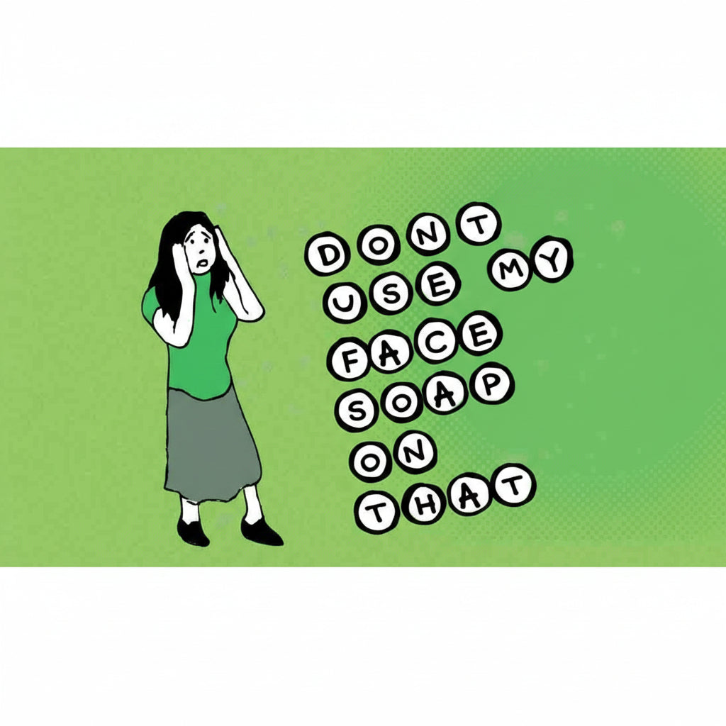 A green rectangular sticker with a worried looking cartoon woman. In cartoon alphabet letter beads it spells out "Don't use my face soap on that."