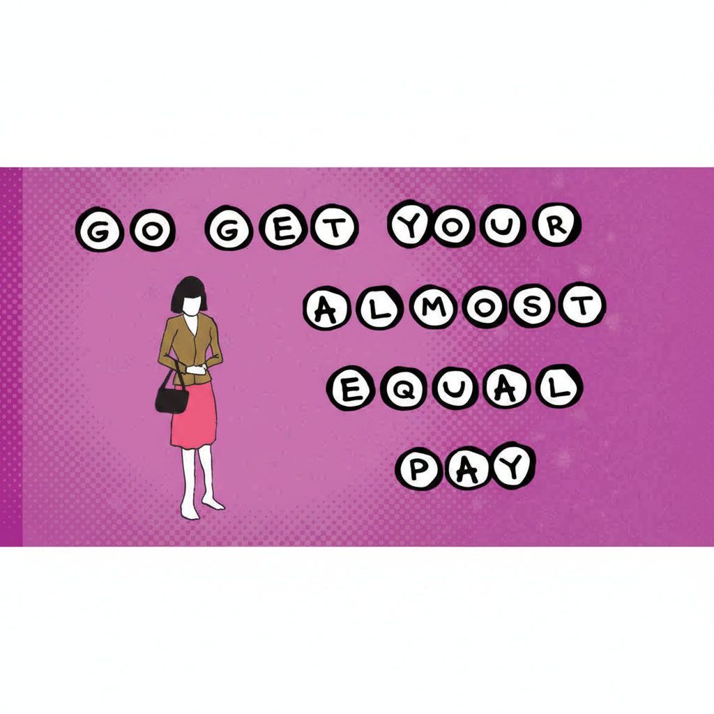 Pink sticker that says "Go get your almost equal pay" in cartoon alphabet letter beads. A woman in a business suit stands nearby. 