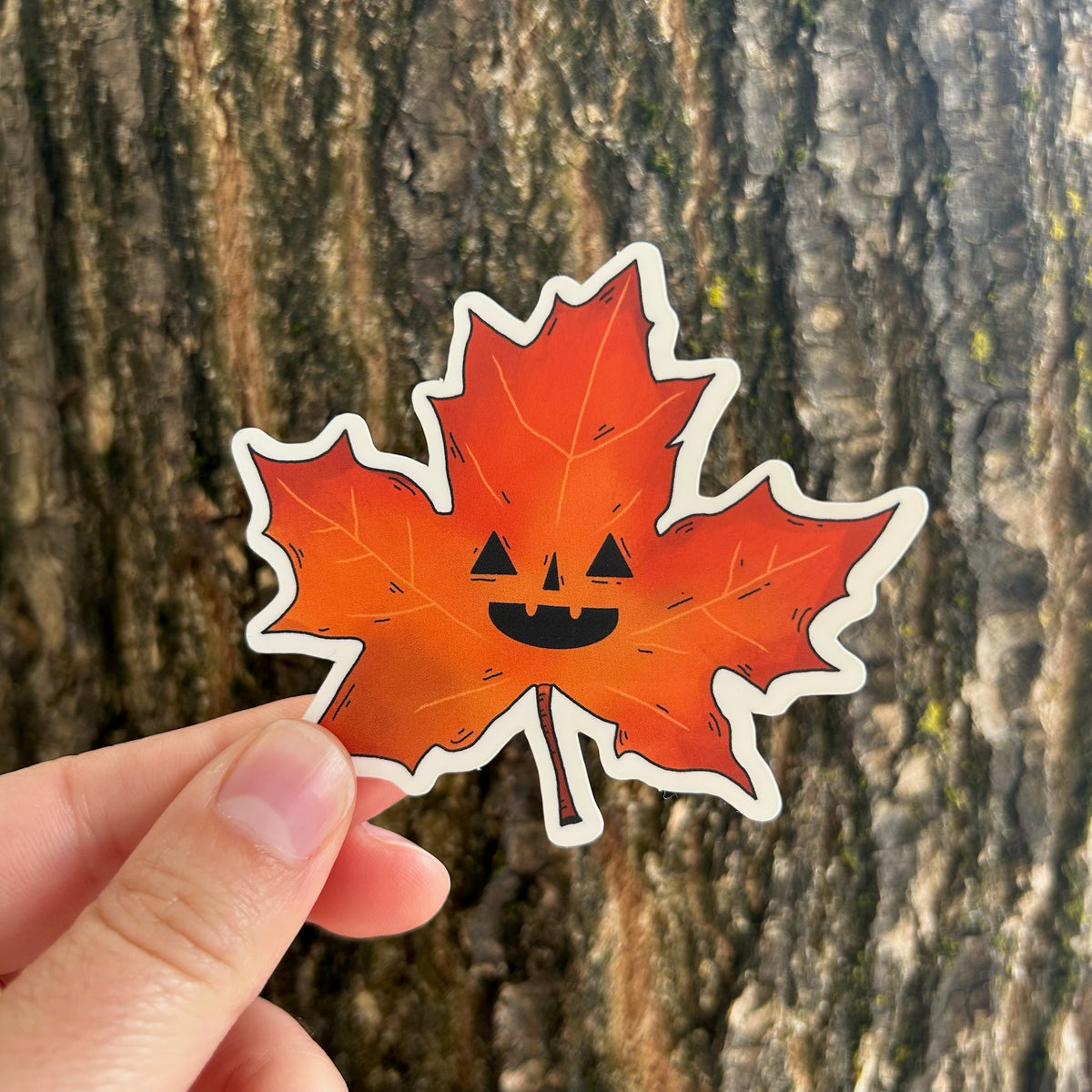 A maple leaf that has a face like a jack-o-lantern that is also a sticker. 