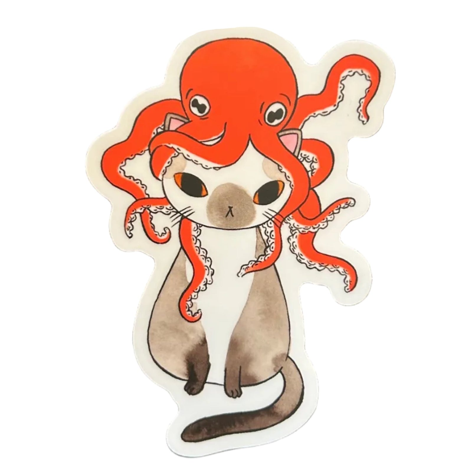 Sticker of a cat with an octopus on its head.
