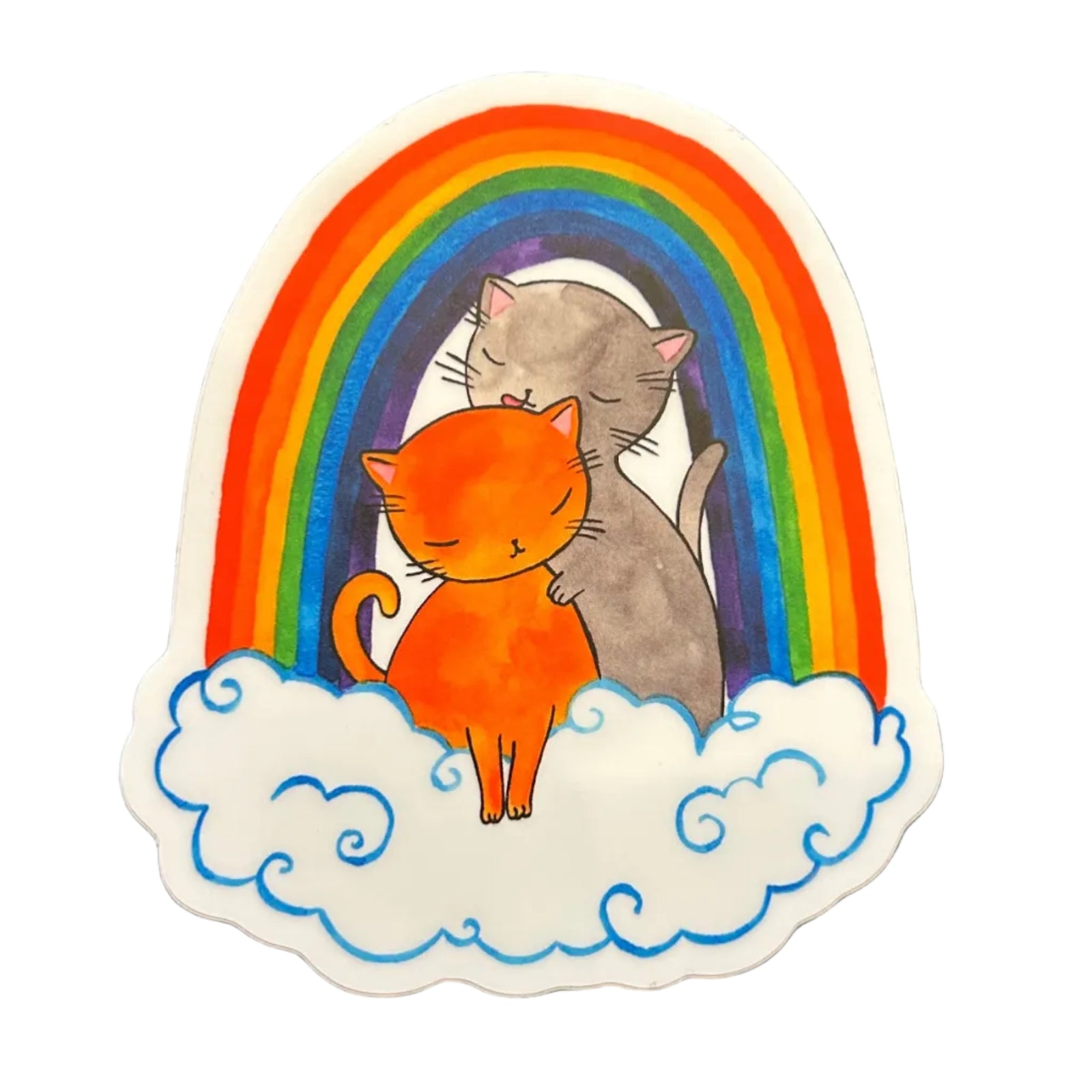 Sticker of two cats embracing under a rainbow.
