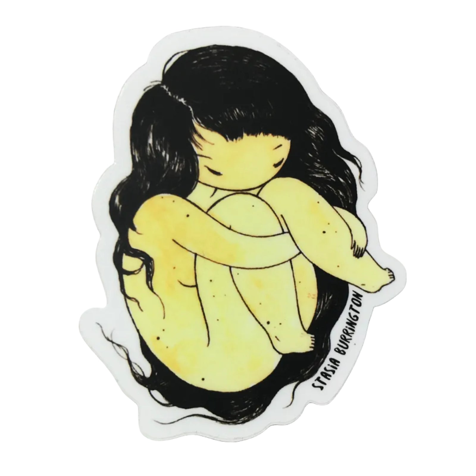 Sticker of a stylized illustration of a person with long hair and a yellowish hue on a white background. She is hugging herself.