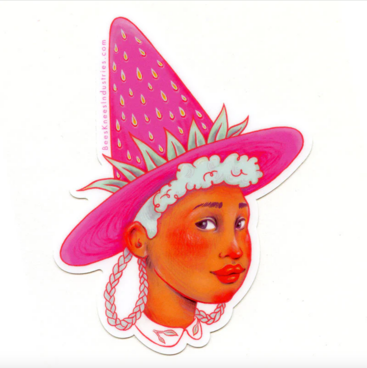 Sticker of a person wearing a pink strawberry witch hat with green accents on a white background. 