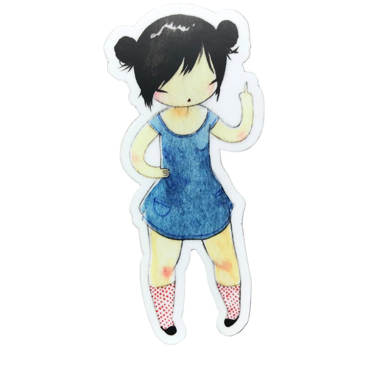 Illustration of a girl in a blue dress giving the finger. 