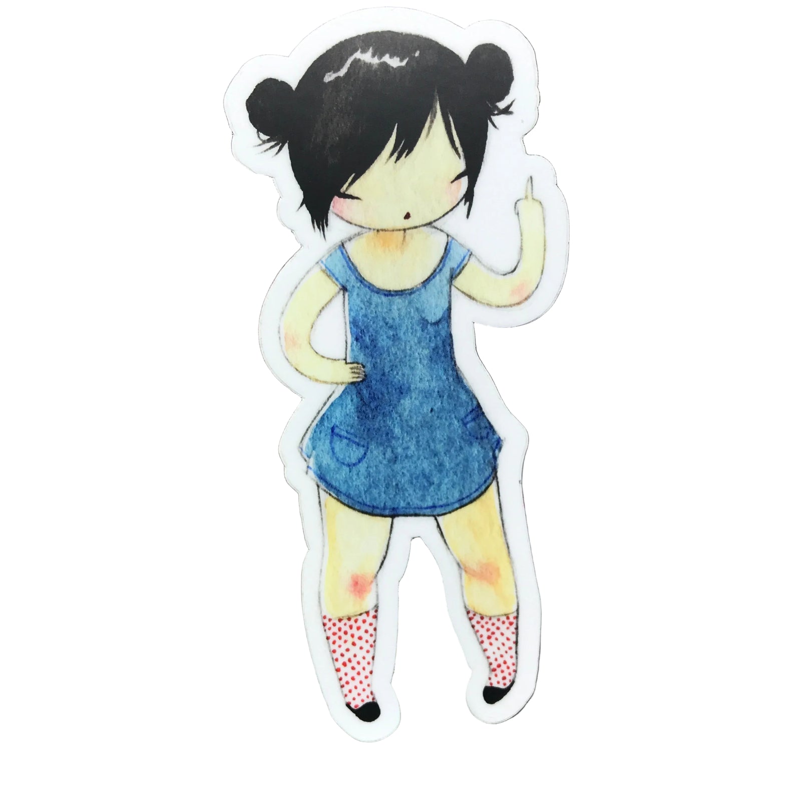 Illustration of a girl in a blue dress giving the finger. 