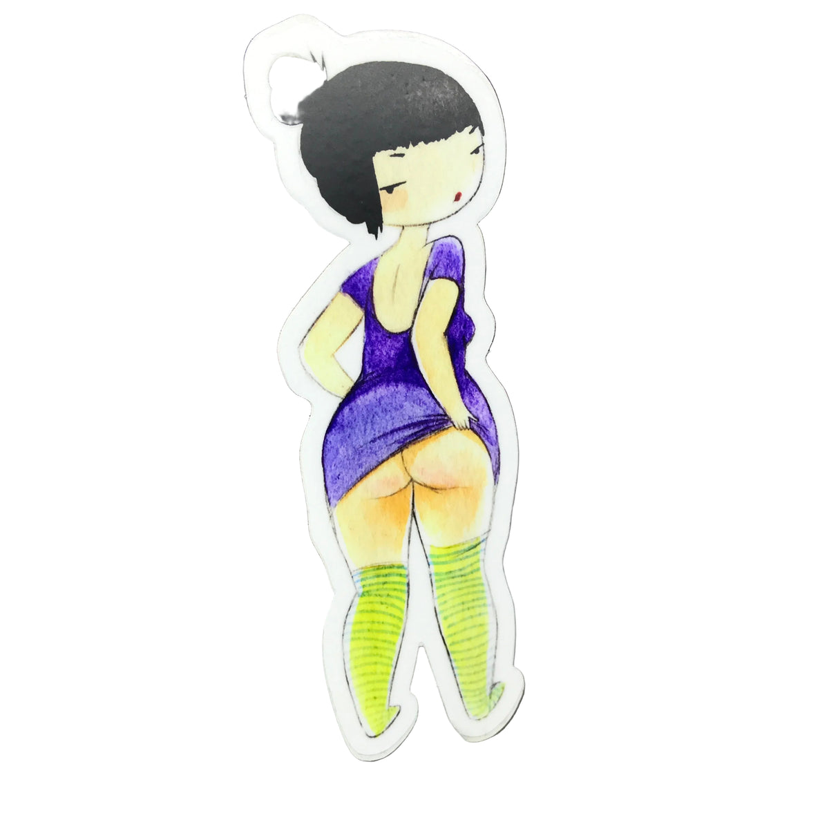 Illustration of a character in a purple dress with green stockings on a white background. She is mooning us. 