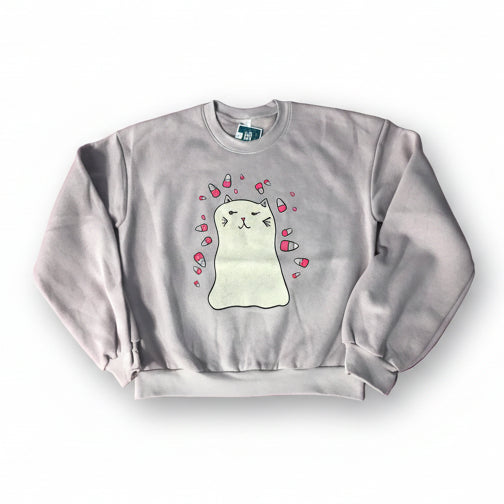 blush pink sweatshirt with our ghost kitty design on a white background. 