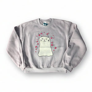 blush pink sweatshirt with our ghost kitty design on a white background. 