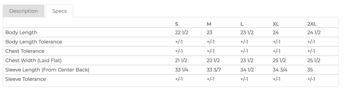 Measurement chart for clothing sizes S to 2XL with tolerance values.