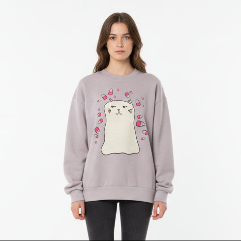Blush pink sweatshirt with our Ghost Kitty design on a white background.