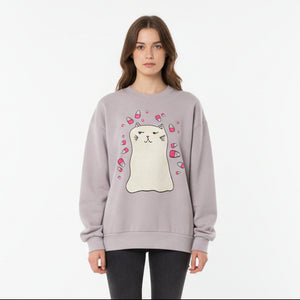 Blush pink sweatshirt with our Ghost Kitty design on a white background.