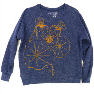 Blue sweatshirt with yellow floral design on a white background.