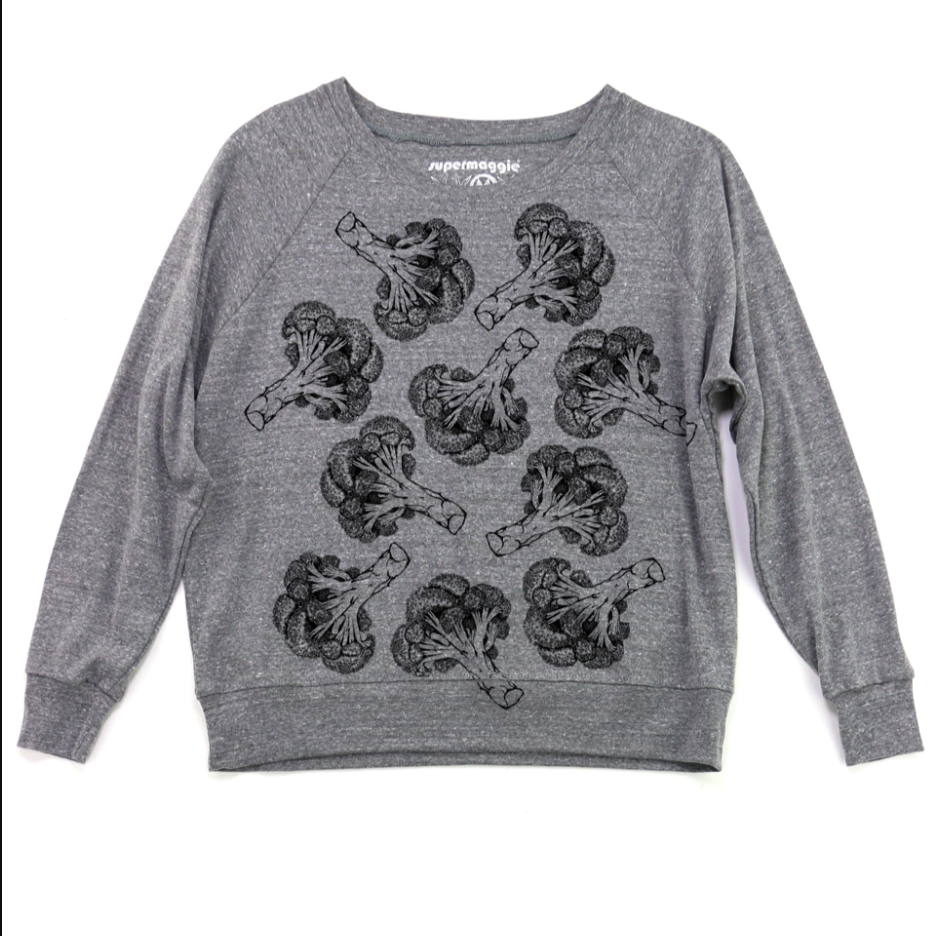 Gray sweatshirt with black broccoli pattern screenprinted on it against a white background. 
