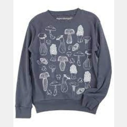 Gray sweatshirt with white mushroom illustrations on a light gray background. 