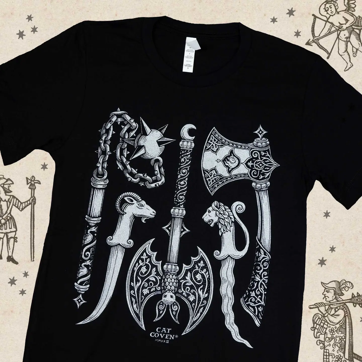 Black t-shirt with silver screenprinted d&d style weapons.
