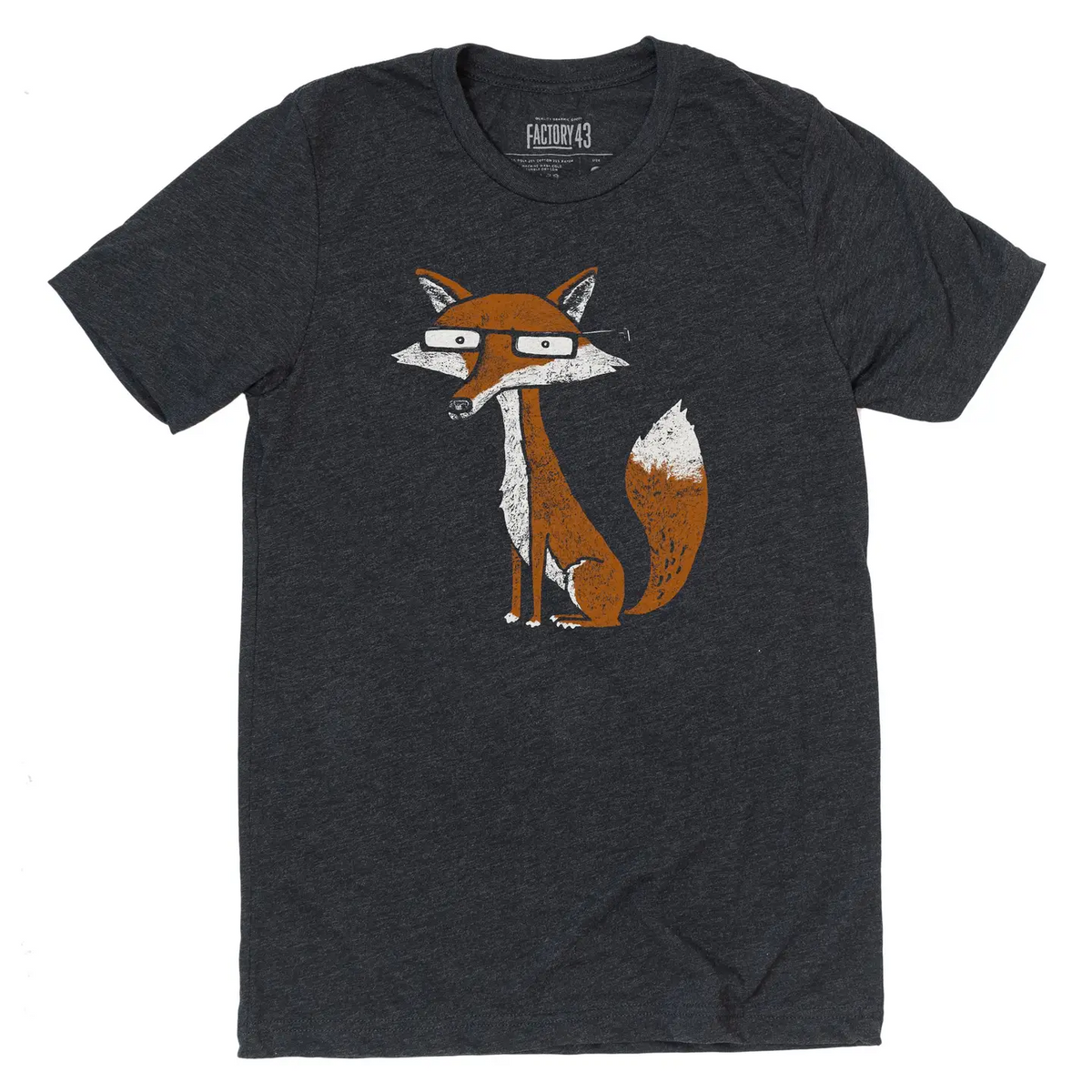 A charcoal gray t-shirt with a fox wearing glasses. 