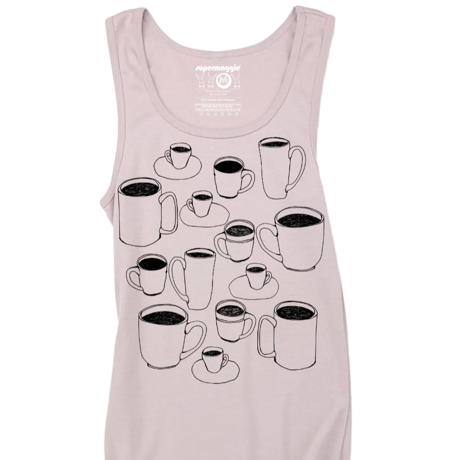Pink tank top with black coffee cup graphics on a white background. 