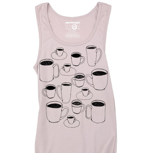 Pink tank top with black coffee cup graphics on a white background. 