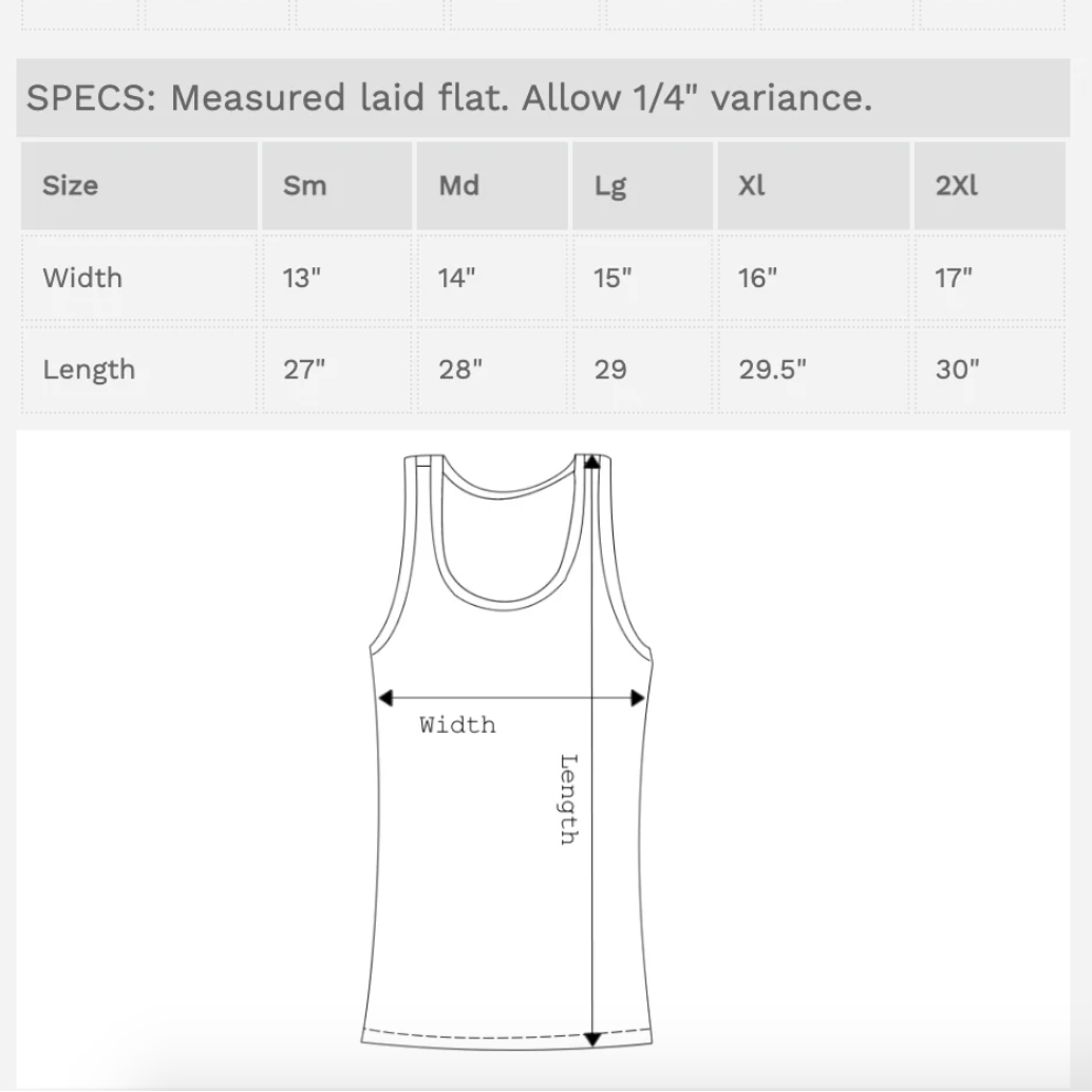 Measurement chart for tank tops with size chart and diagram. 