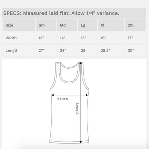Measurement chart for tank tops with size chart and diagram. 