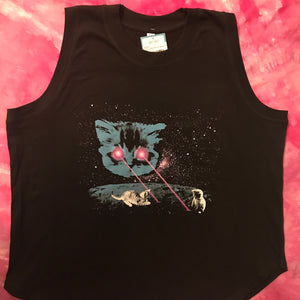 Black sleeveless tank top with Meta Laser Cat design on the front is laid flat on a  pink tie dye background.