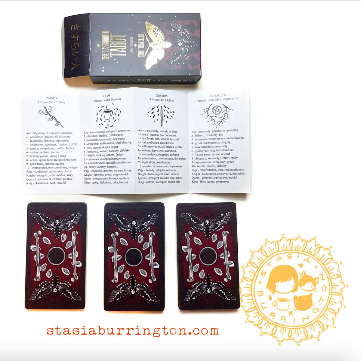 Three tarot cards with a book and a logo on a white background. 