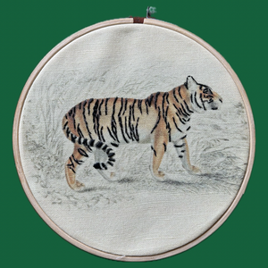 Embroidery of a tiger in a hoop on a textured fabric background. 