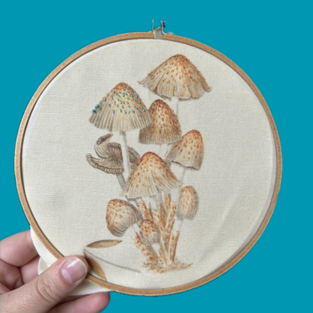 Embroidery hoop with mushroom design on a blue background. 