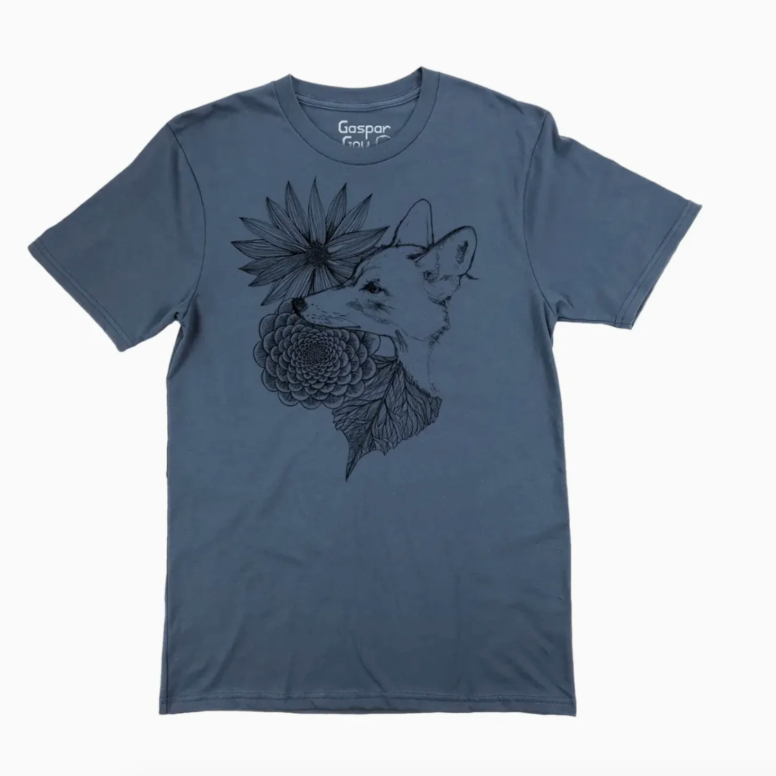Blue t-shirt with a coyote and flower design on a white background. 